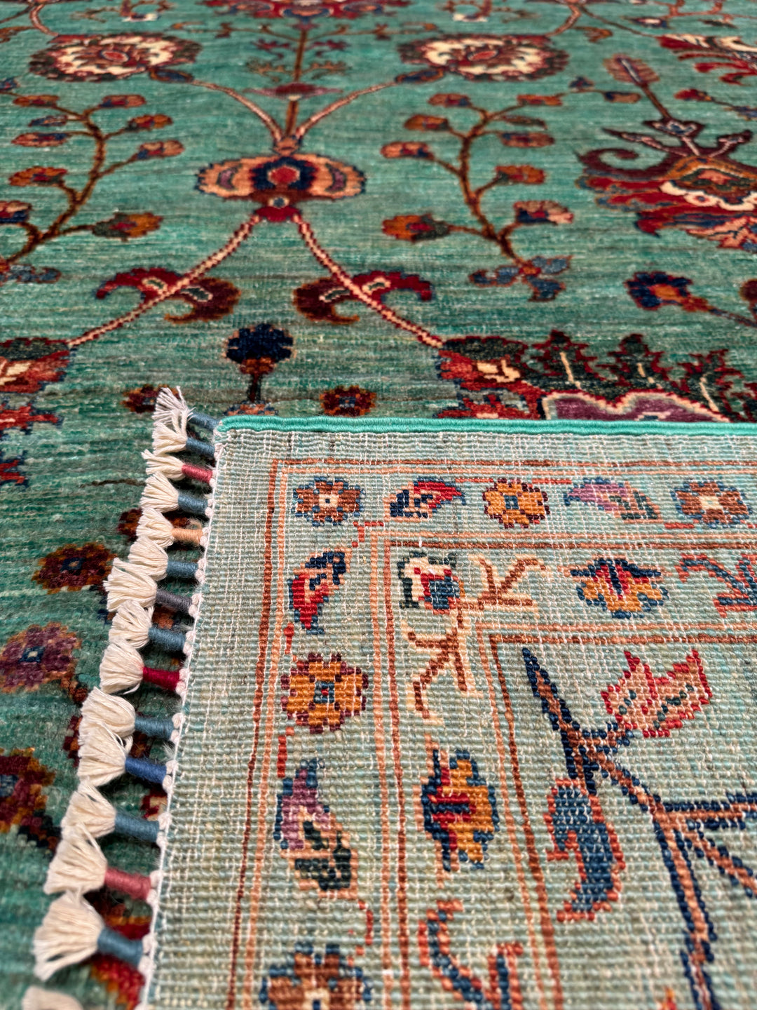 Sultani Floral Original Hand Woven Turquoise Vegetable Dyed Wool Carpet 252x350 8.82 Square Meters - 9x12 ft