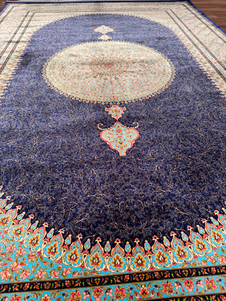 Iranian Medallion Navy Blue Modal Silk Rug 150x225 cm (3.38 square meters) - 5x7 ft