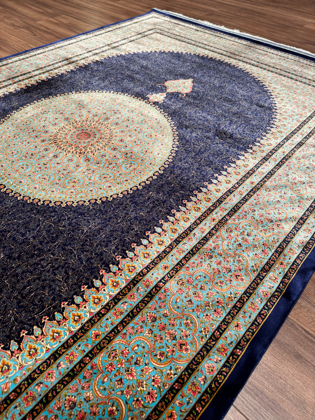 Iranian Medallion Navy Blue Modal Silk Rug 150x225 cm (3.38 square meters) - 5x7 ft