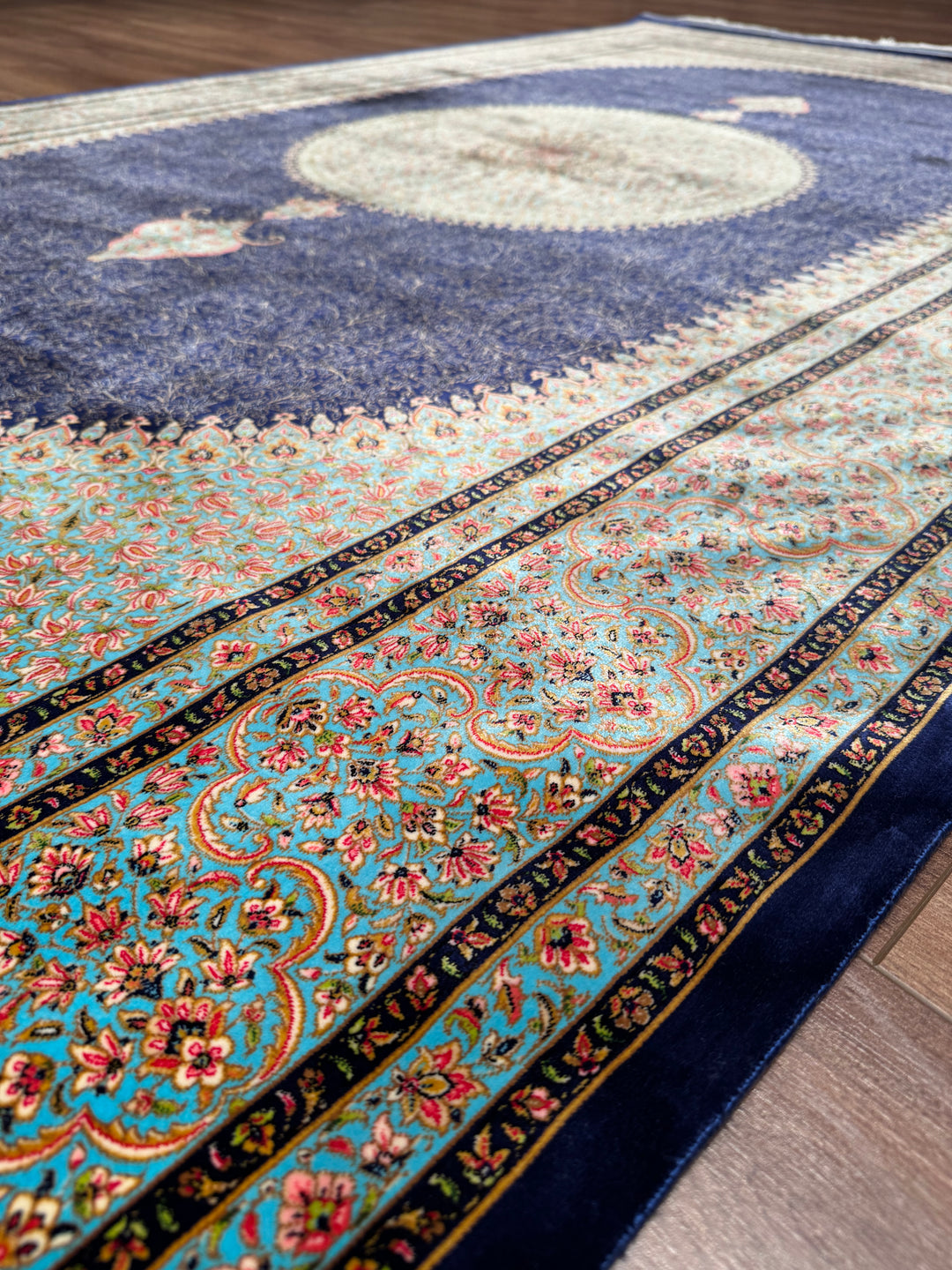 Iranian Medallion Navy Blue Modal Silk Rug 150x225 cm (3.38 square meters) - 5x7 ft