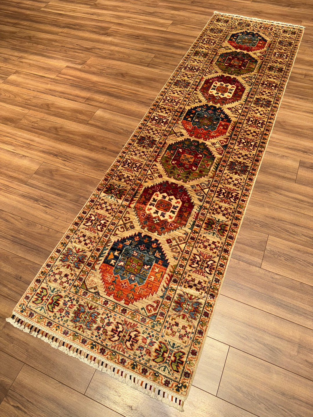 Veziri Original Hand-Woven Runner Beige Vegetable Dyed Wool Carpet 0.82x297 2.44 Square Meters - 3x10 ft