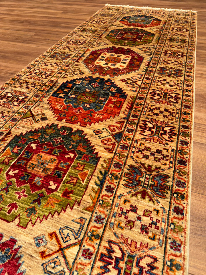 Veziri Original Hand-Woven Runner Beige Vegetable Dyed Wool Carpet 0.82x297 2.44 Square Meters - 3x10 ft