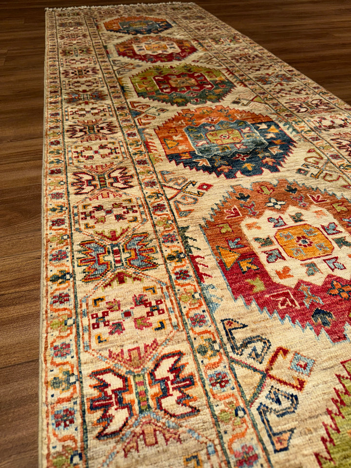 Veziri Original Hand-Woven Runner Beige Vegetable Dyed Wool Carpet 0.82x297 2.44 Square Meters - 3x10 ft