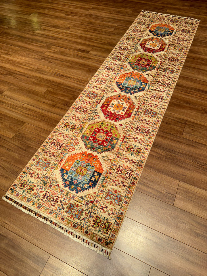 Veziri Original Hand-Woven Runner Beige Vegetable Dyed Wool Carpet 0.82x297 2.44 Square Meters - 3x10 ft