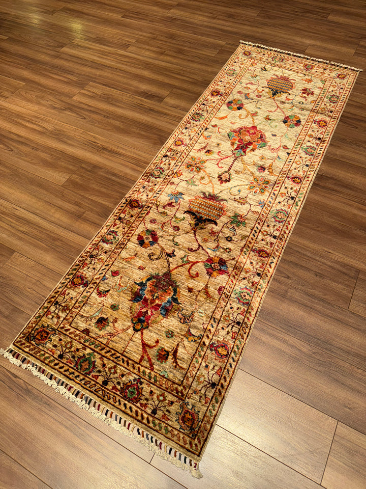 Sultani Binbirgece Yolluk Orijinal El Dokuması Bej Kök Boya Yün Halı 0.77x225 1.73 Metrekare - 3x7 ft