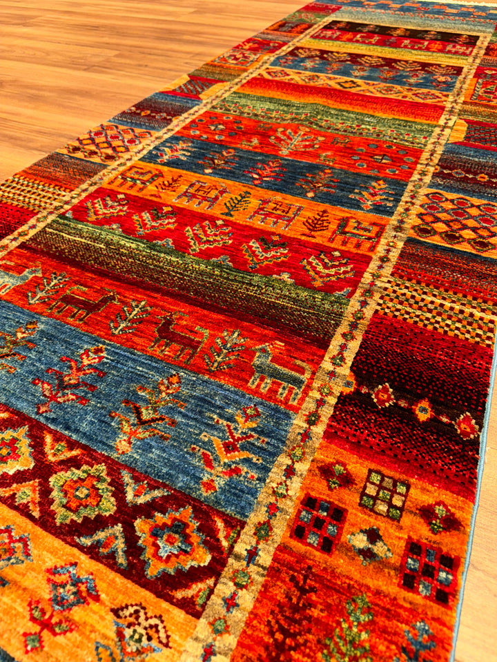 Khorjin Gabbe Desenli Orijinal El Dokuması Yolluk Multi Kök Boya Yün Halı 0.82x308 2.53 Metrekare - 3x10 ft