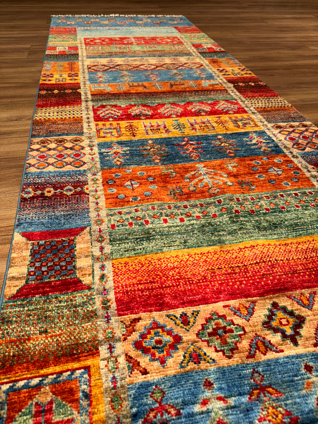 Khorjin Gabbe Desenli Orijinal El Dokuması Yolluk Multi Kök Boya Yün Halı 0.82x308 2.53 Metrekare - 3x10 ft