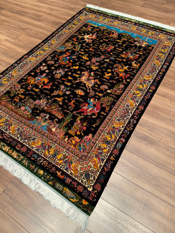 Iranian Hunting Scene Black Modal Silk Rug 150x225 cm (3.38 square meters) - 5x7 ft