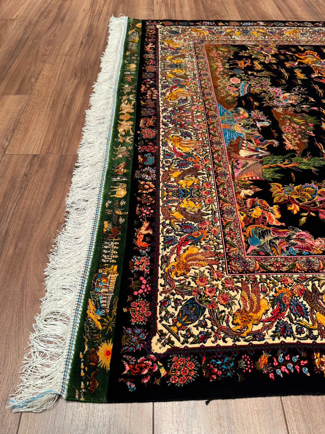 Iranian Hunting Scene Black Modal Silk Rug 150x225 cm (3.38 square meters) - 5x7 ft