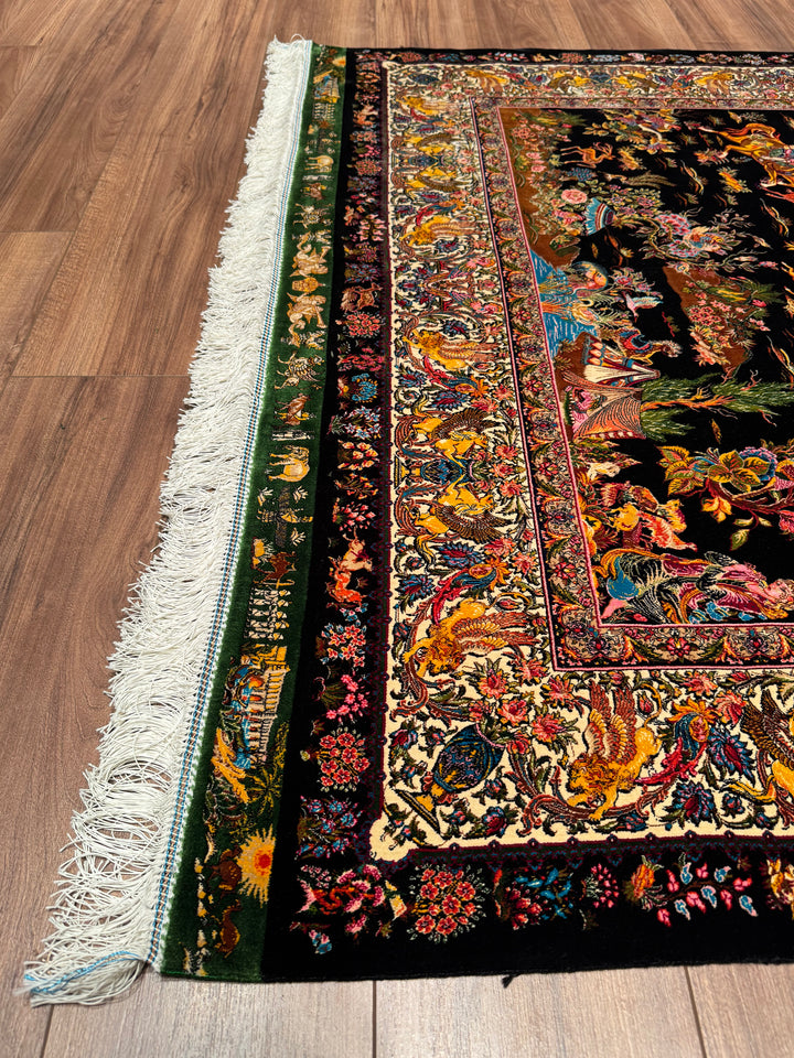 Iranian Hunting Scene Black Modal Silk Rug 150x225 cm (3.38 square meters) - 5x7 ft