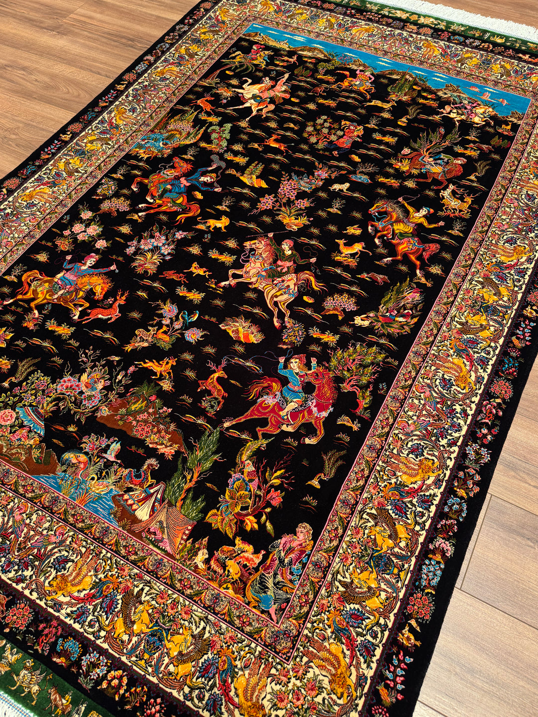 Iranian Hunting Scene Black Modal Silk Rug 150x225 cm (3.38 square meters) - 5x7 ft