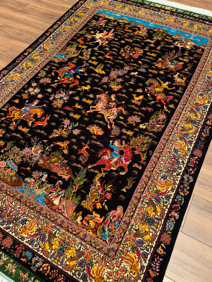 Iranian Hunting Scene Black Modal Silk Rug 150x225 cm (3.38 square meters) - 5x7 ft