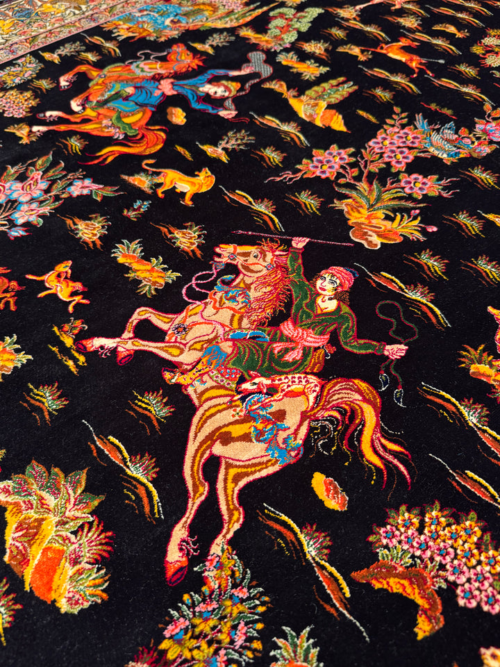 Iranian Hunting Scene Black Modal Silk Rug 150x225 cm (3.38 square meters) - 5x7 ft
