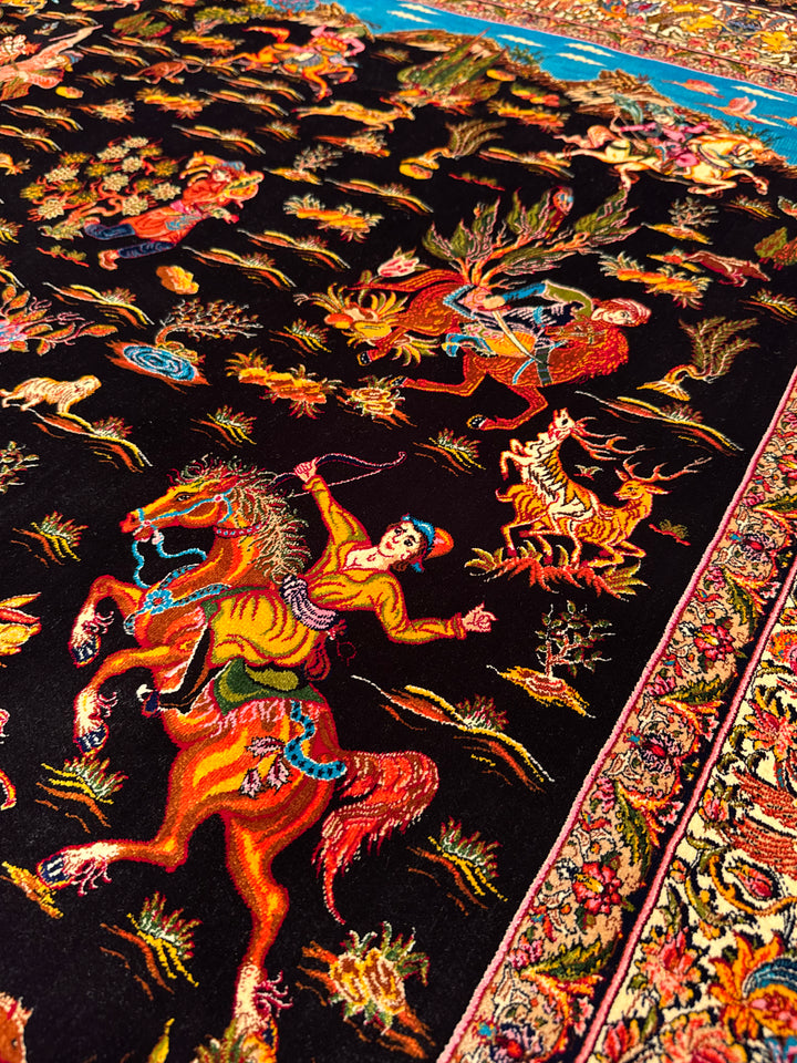 Iranian Hunting Scene Black Modal Silk Rug 150x225 cm (3.38 square meters) - 5x7 ft