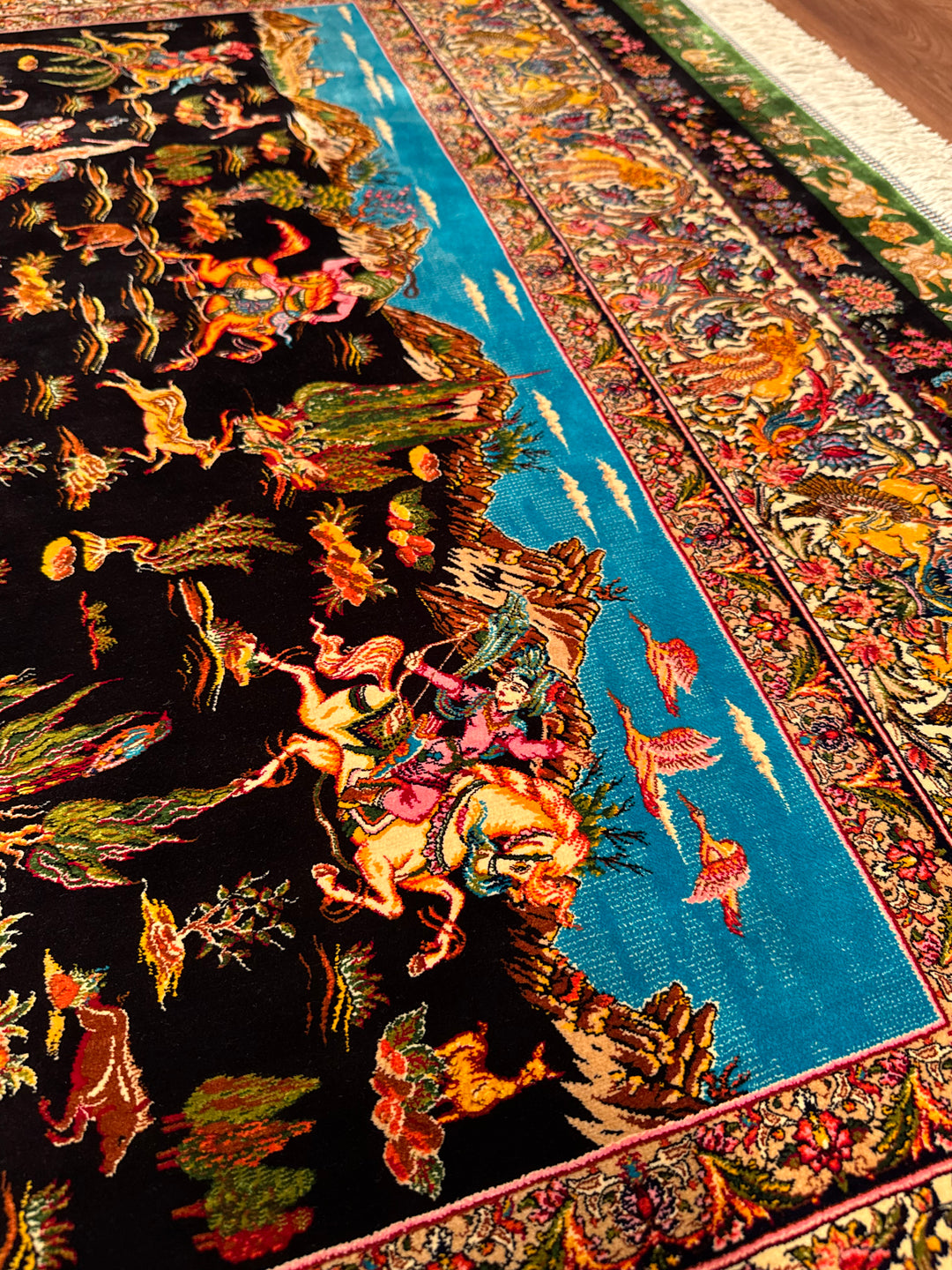 Iranian Hunting Scene Black Modal Silk Rug 150x225 cm (3.38 square meters) - 5x7 ft