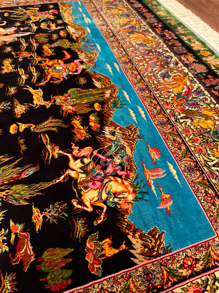 Iranian Hunting Scene Black Modal Silk Rug 150x225 cm (3.38 square meters) - 5x7 ft
