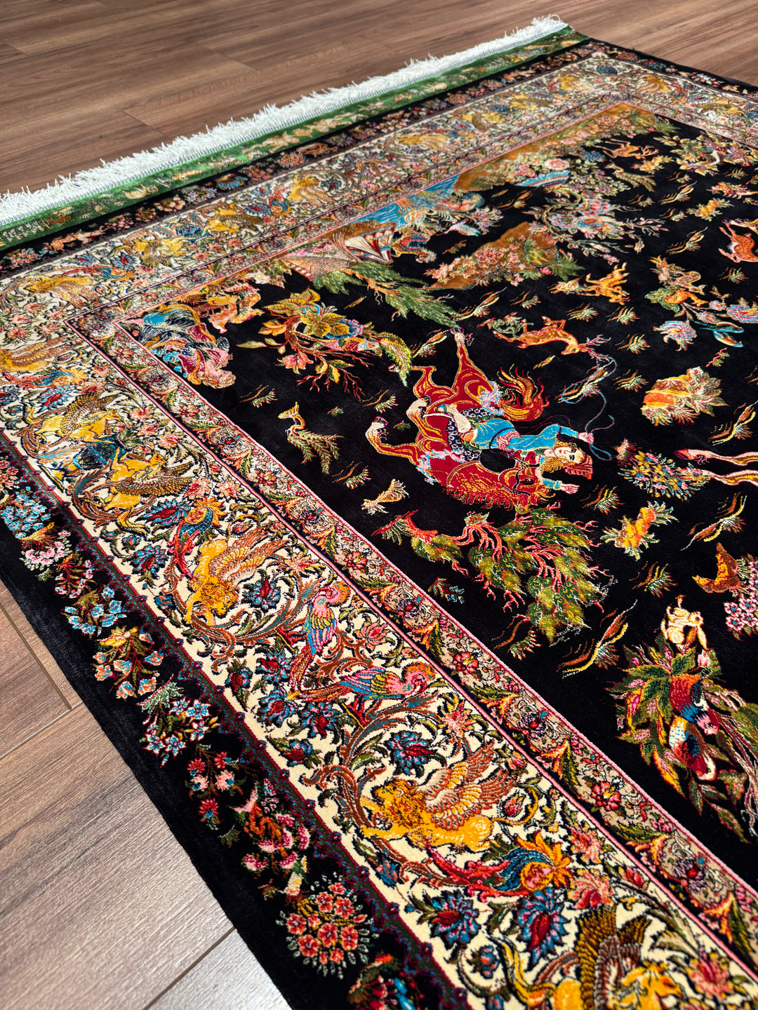 Iranian Hunting Scene Black Modal Silk Rug 150x225 cm (3.38 square meters) - 5x7 ft