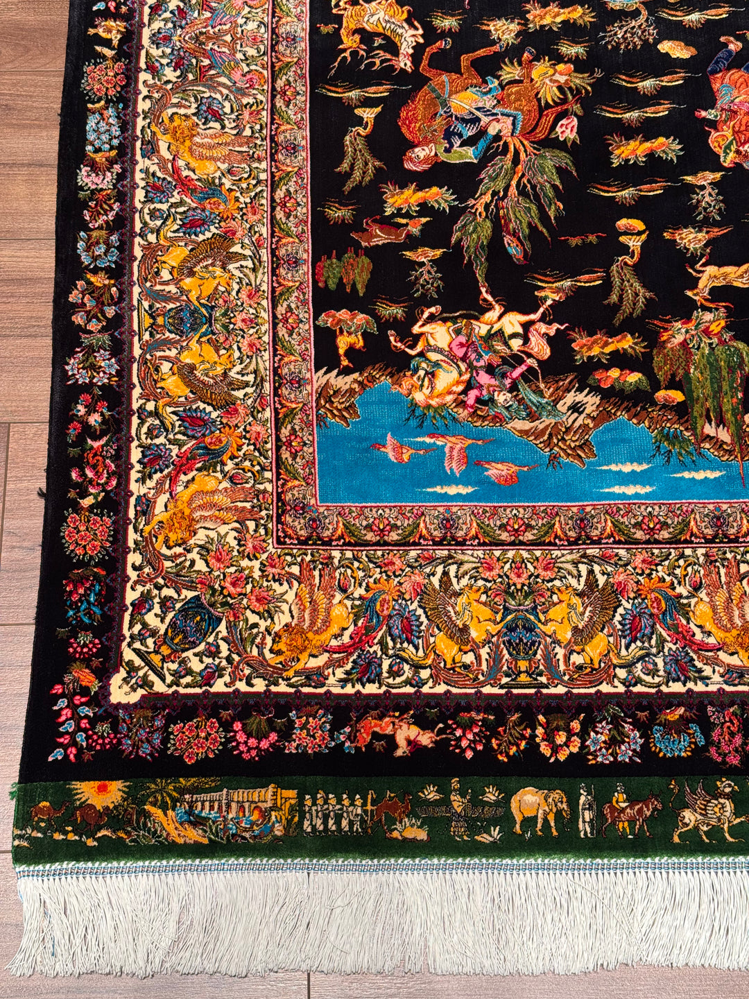 Iranian Hunting Scene Black Modal Silk Rug 150x225 cm (3.38 square meters) - 5x7 ft