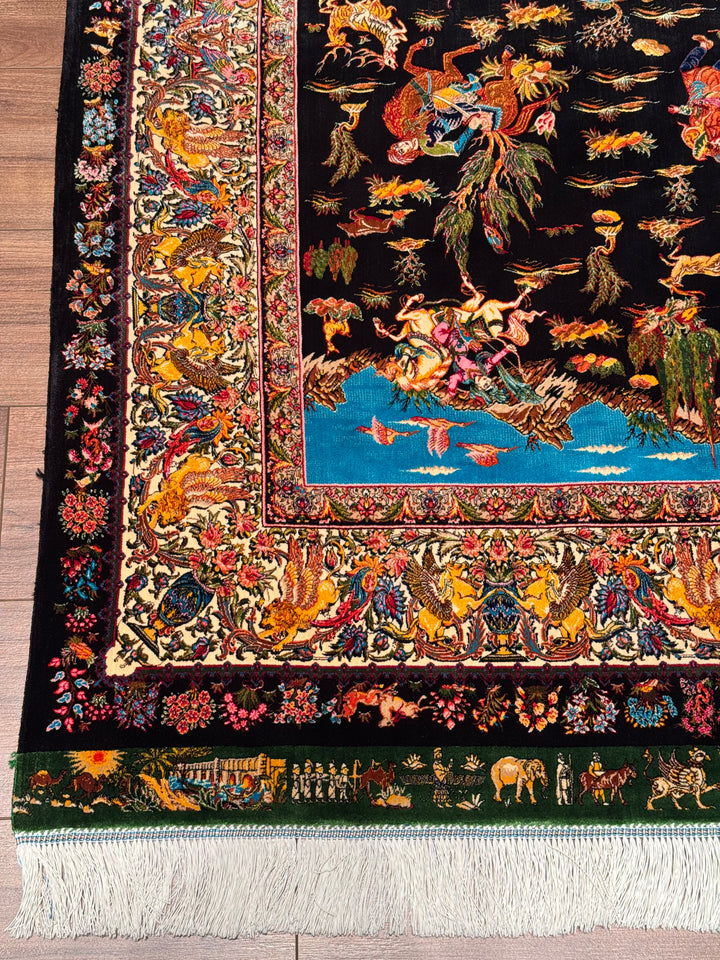 Iranian Hunting Scene Black Modal Silk Rug 150x225 cm (3.38 square meters) - 5x7 ft