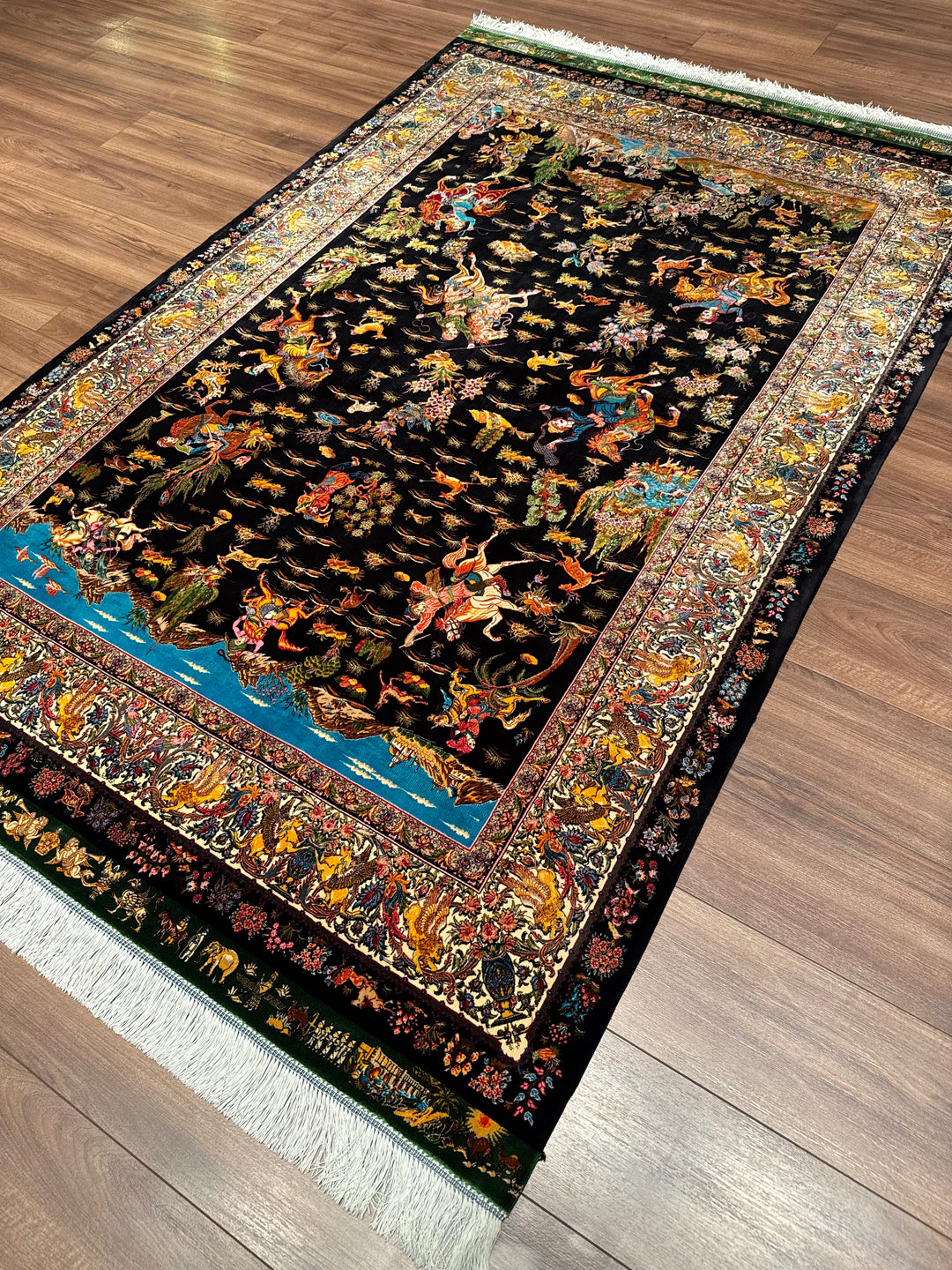 Iranian Hunting Scene Black Modal Silk Rug 150x225 cm (3.38 square meters) - 5x7 ft