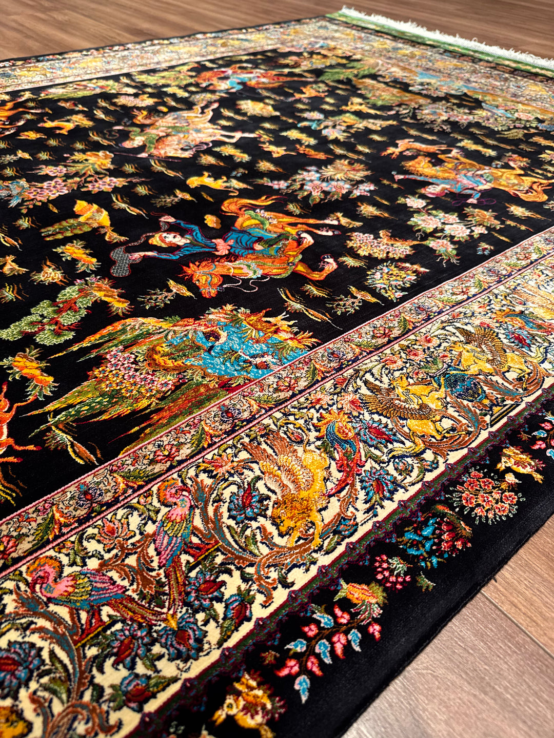 Iranian Hunting Scene Black Modal Silk Rug 150x225 cm (3.38 square meters) - 5x7 ft