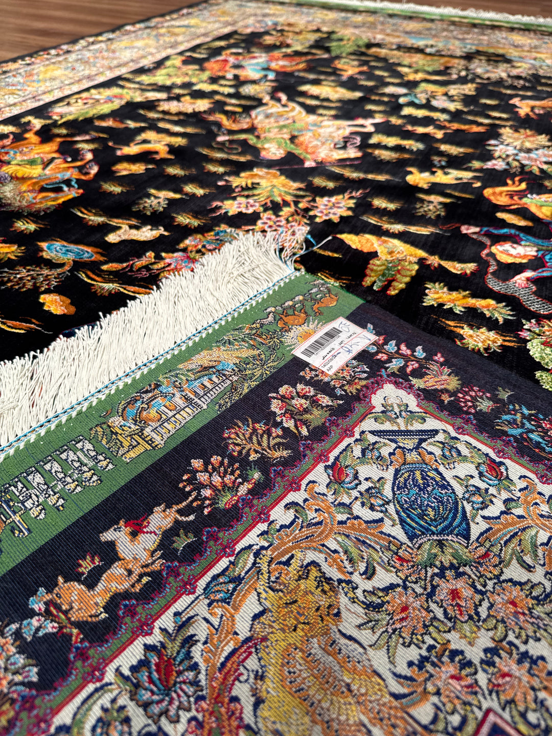 Iranian Hunting Scene Black Modal Silk Rug 150x225 cm (3.38 square meters) - 5x7 ft