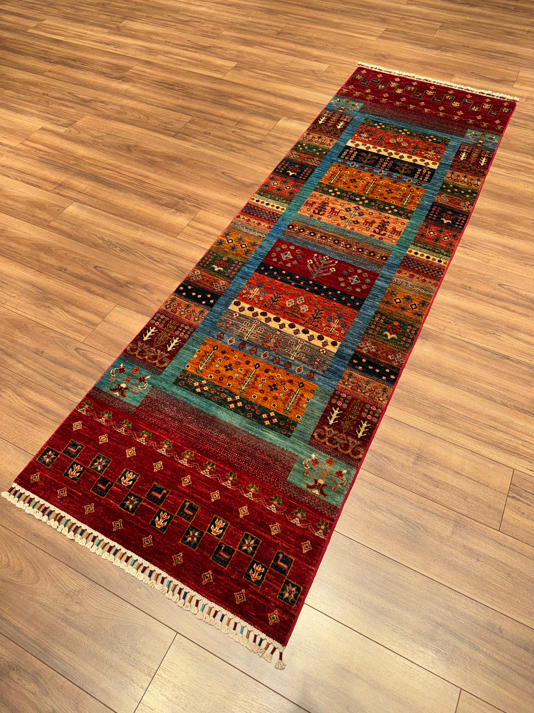 Khorjin Gabbe Desenli Orijinal El Dokuması Yolluk Multi Kök Boya Yün Halı 0.84x263 2.21 Metrekare - 3x8 ft