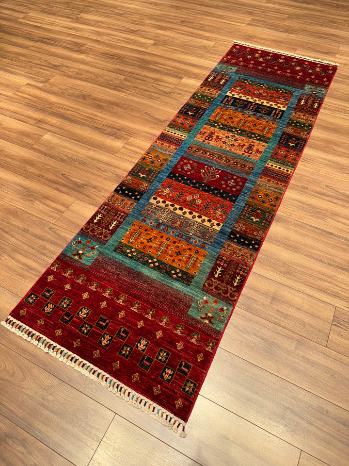 Khorjin Gabbe Desenli Orijinal El Dokuması Yolluk Multi Kök Boya Yün Halı 0.84x263 2.21 Metrekare - 3x8 ft