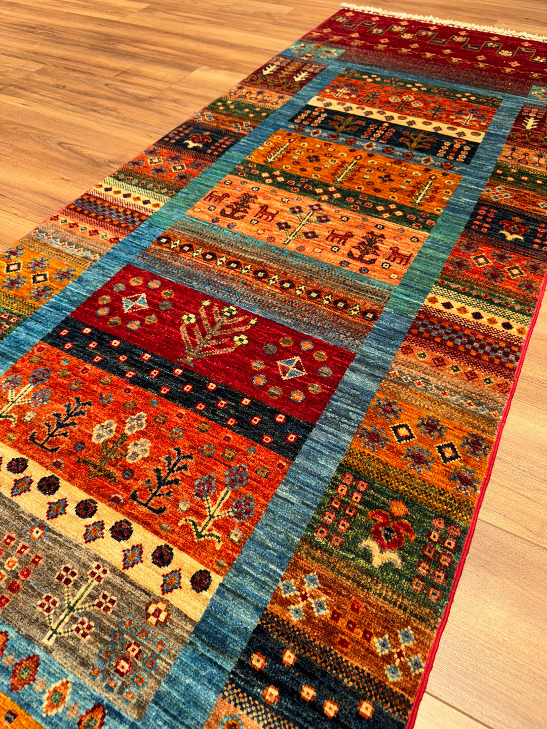 Khorjin Gabbe Desenli Orijinal El Dokuması Yolluk Multi Kök Boya Yün Halı 0.84x263 2.21 Metrekare - 3x8 ft