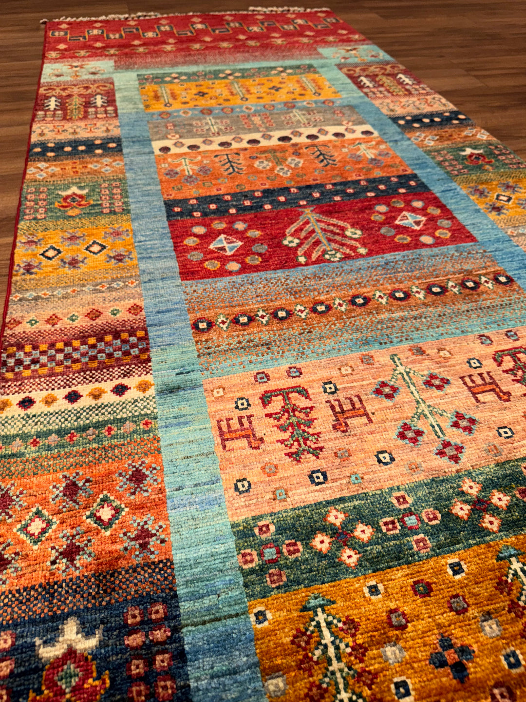 Khorjin Gabbe Desenli Orijinal El Dokuması Yolluk Multi Kök Boya Yün Halı 0.84x263 2.21 Metrekare - 3x8 ft