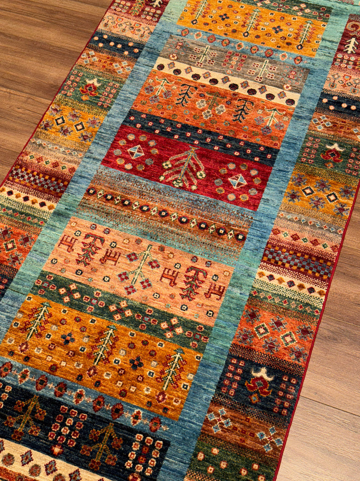 Khorjin Gabbe Desenli Orijinal El Dokuması Yolluk Multi Kök Boya Yün Halı 0.84x263 2.21 Metrekare - 3x8 ft