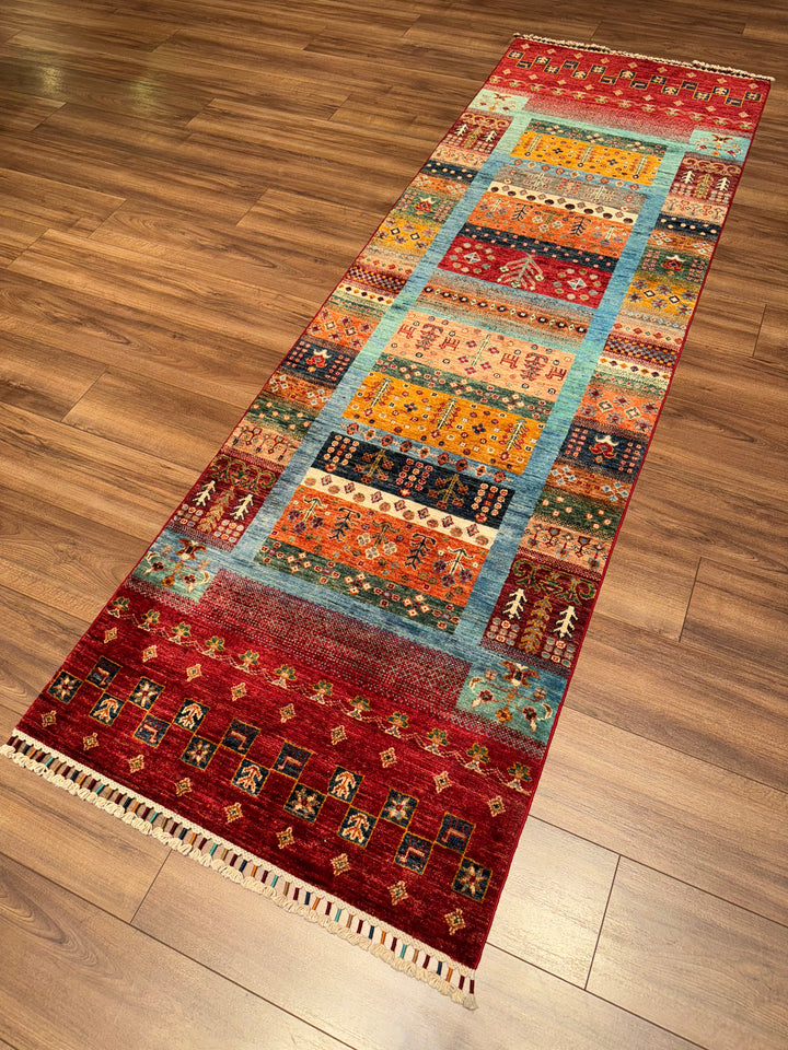 Khorjin Gabbe Desenli Orijinal El Dokuması Yolluk Multi Kök Boya Yün Halı 0.84x263 2.21 Metrekare - 3x8 ft