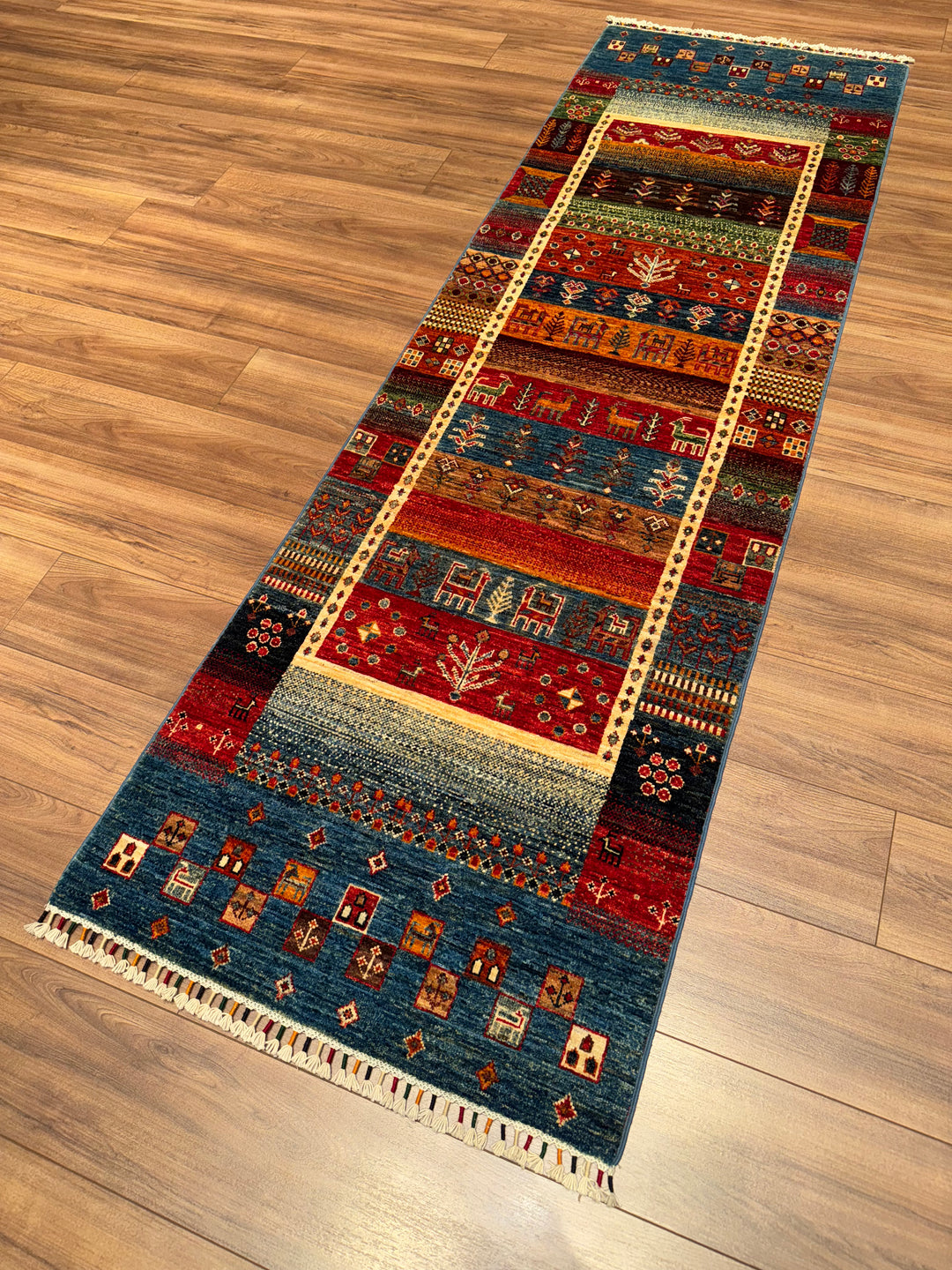 Khorjin Gabbe Desenli Orijinal El Dokuması Yolluk Multi Kök Boya Yün Halı 0.78x255 1.99 Metrekare - 3x8 ft