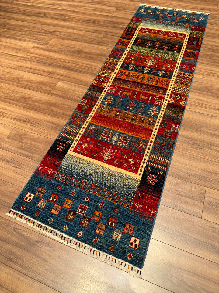 Khorjin Gabbe Desenli Orijinal El Dokuması Yolluk Multi Kök Boya Yün Halı 0.78x255 1.99 Metrekare - 3x8 ft