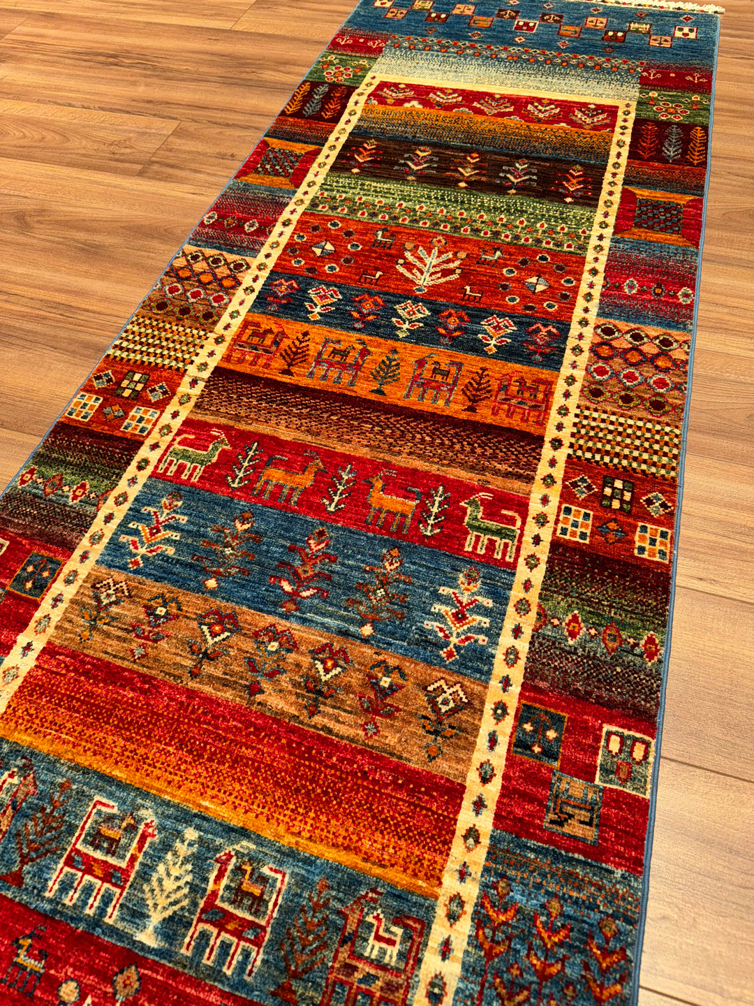 Khorjin Gabbe Desenli Orijinal El Dokuması Yolluk Multi Kök Boya Yün Halı 0.78x255 1.99 Metrekare - 3x8 ft