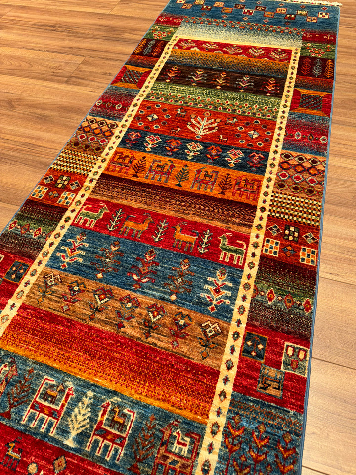 Khorjin Gabbe Desenli Orijinal El Dokuması Yolluk Multi Kök Boya Yün Halı 0.78x255 1.99 Metrekare - 3x8 ft