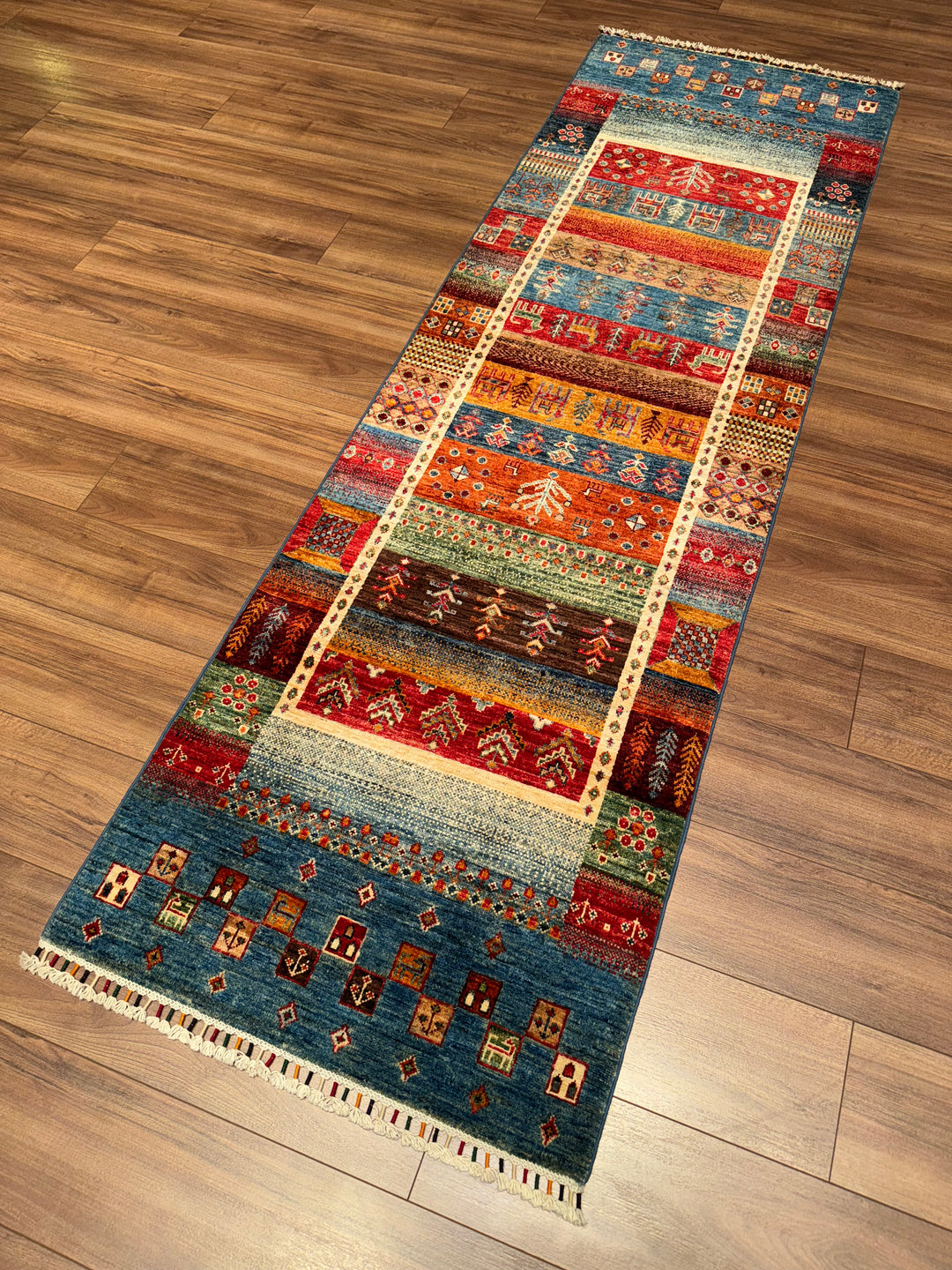 Khorjin Gabbe Desenli Orijinal El Dokuması Yolluk Multi Kök Boya Yün Halı 0.78x255 1.99 Metrekare - 3x8 ft