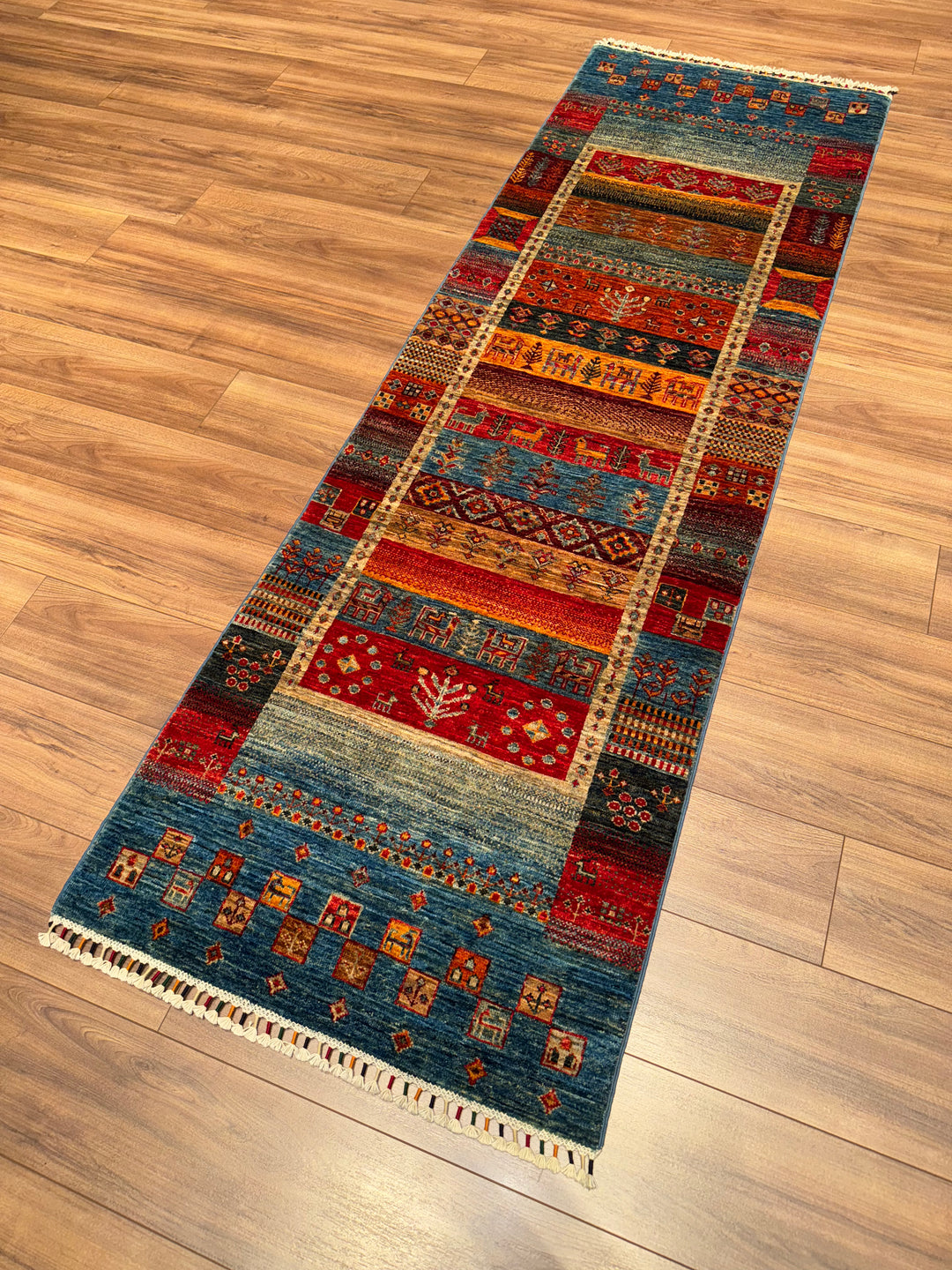 Khorjin Gabbe Desenli Orijinal El Dokuması Yolluk Multi Kök Boya Yün Halı 0.78x249 1.94 Metrekare - 3x8 ft