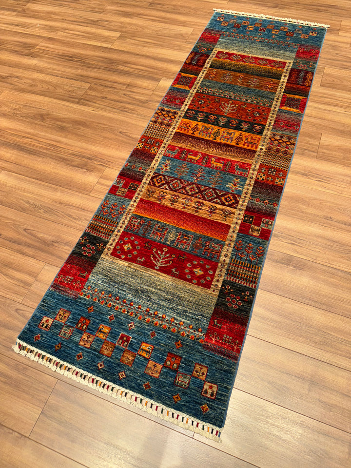 Khorjin Gabbe Patterned Original Hand Woven Runner Multi Vegetable Dyed Wool Carpet 0.78x249 1.94 Square Meters - 3x8 ft