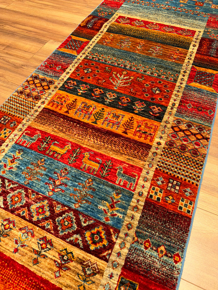 Khorjin Gabbe Patterned Original Hand Woven Runner Multi Vegetable Dyed Wool Carpet 0.78x249 1.94 Square Meters - 3x8 ft