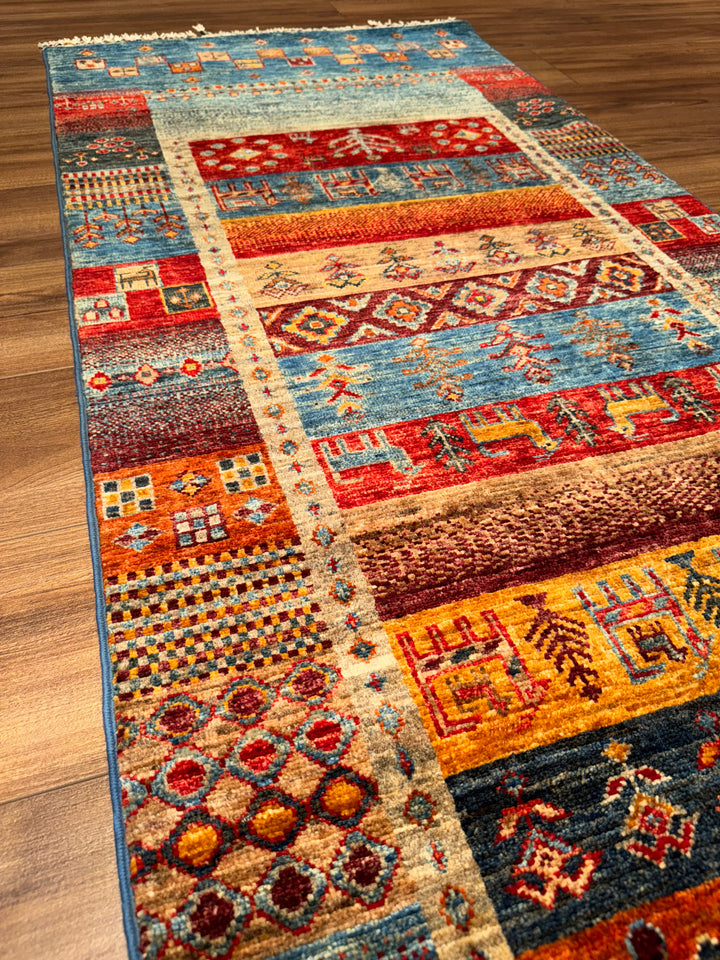 Khorjin Gabbe Patterned Original Hand Woven Runner Multi Vegetable Dyed Wool Carpet 0.78x249 1.94 Square Meters - 3x8 ft