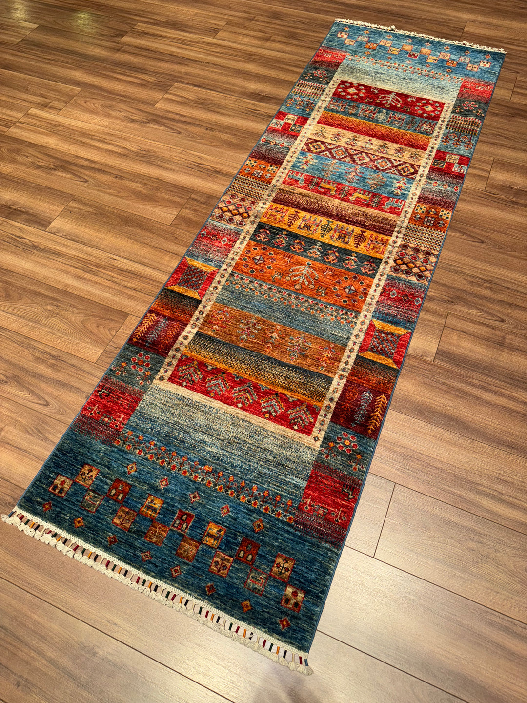 Khorjin Gabbe Patterned Original Hand Woven Runner Multi Vegetable Dyed Wool Carpet 0.78x249 1.94 Square Meters - 3x8 ft