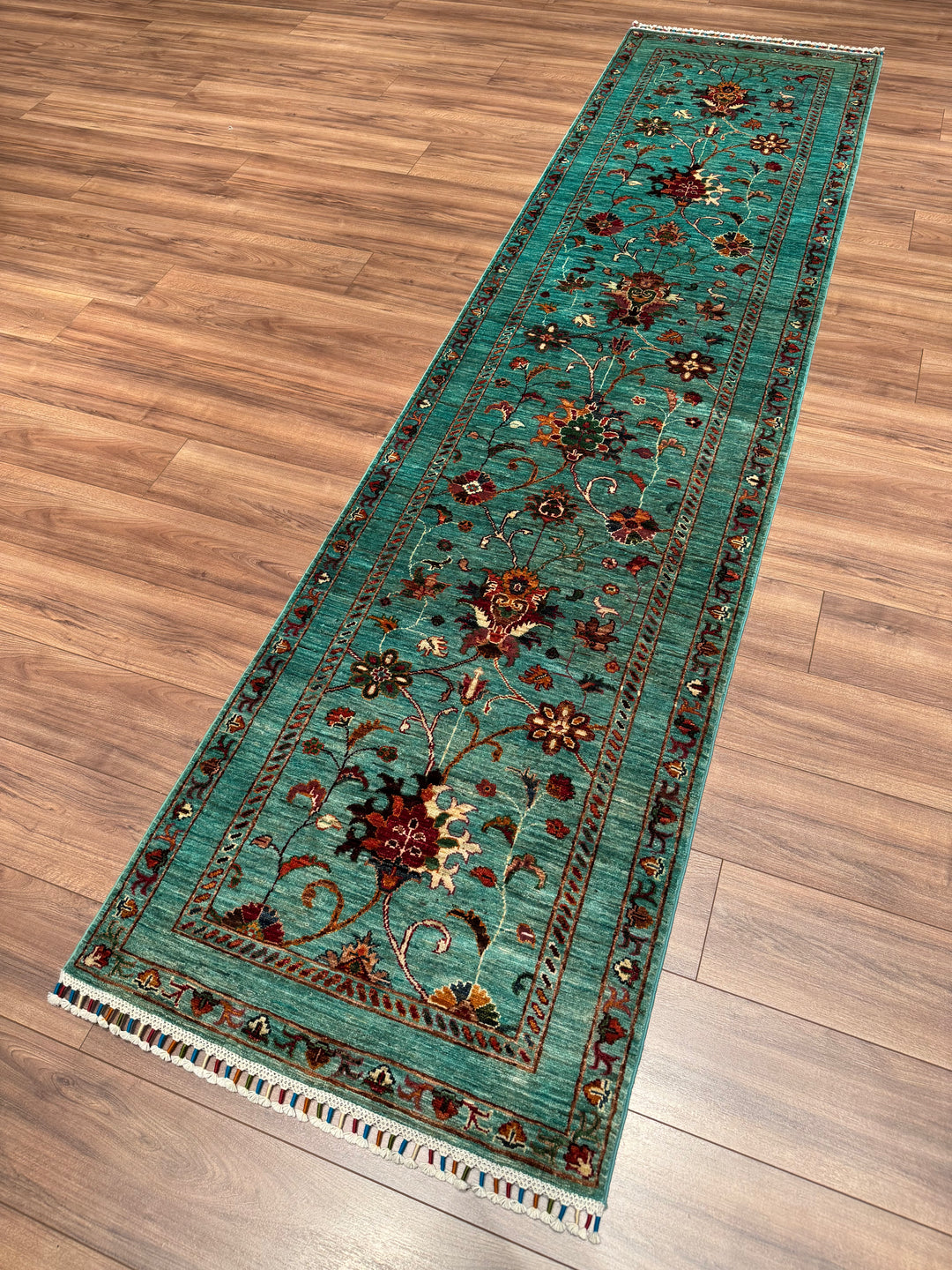 Sultani Binbirgece Yolluk Orijinal El Dokuması Turkuaz Kök Boya Yün Halı 0.82x330 2.71 Metrekare - 3x11 ft
