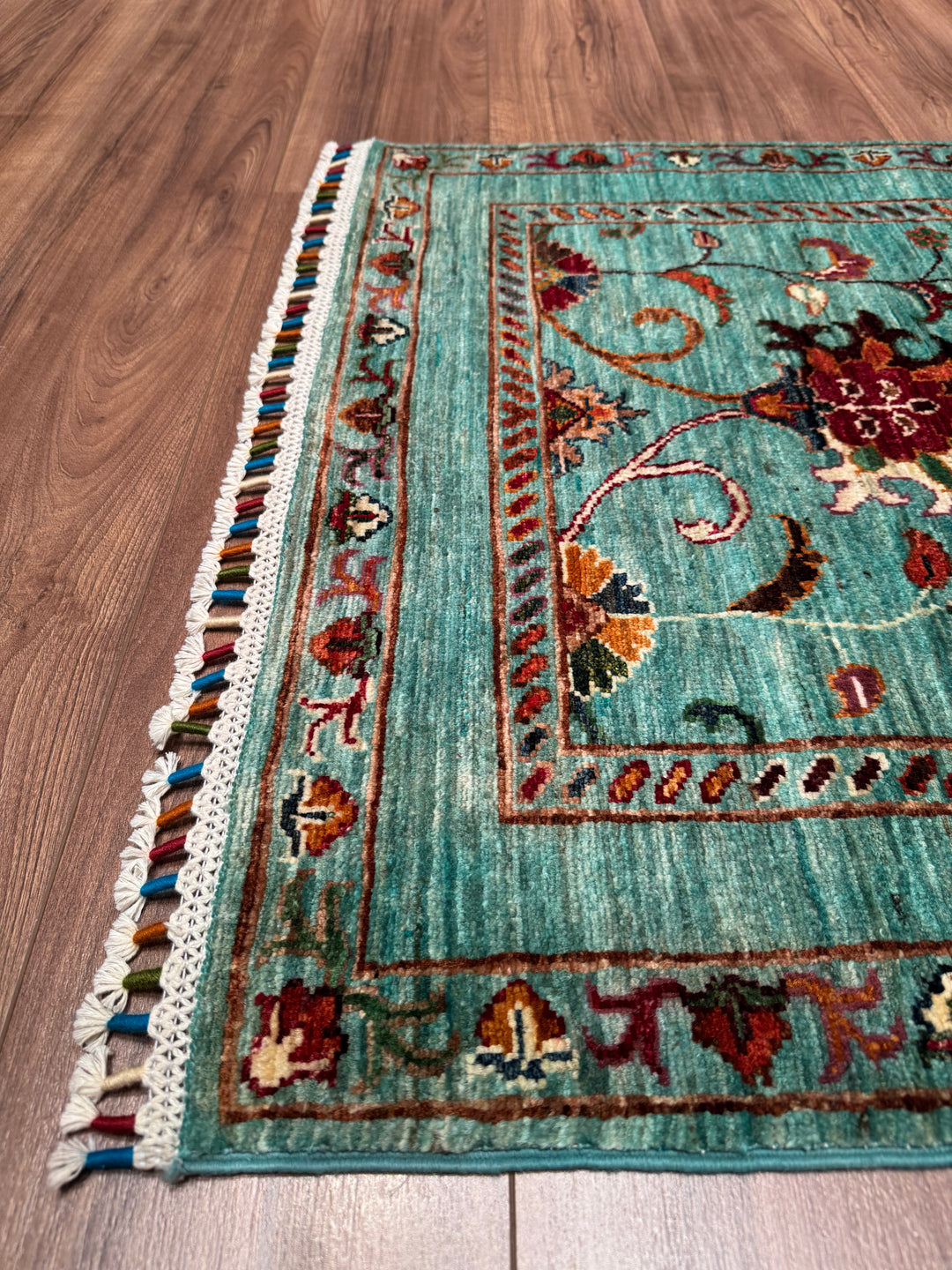 Sultani Binbirgece Yolluk Orijinal El Dokuması Turkuaz Kök Boya Yün Halı 0.82x330 2.71 Metrekare - 3x11 ft