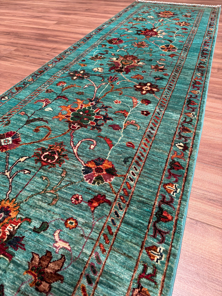 Sultani Binbirgece Yolluk Orijinal El Dokuması Turkuaz Kök Boya Yün Halı 0.82x330 2.71 Metrekare - 3x11 ft