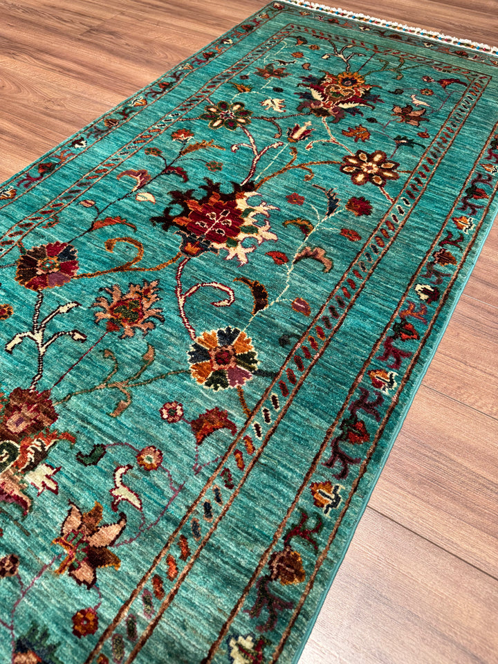 Sultani Binbirgece Yolluk Orijinal El Dokuması Turkuaz Kök Boya Yün Halı 0.82x330 2.71 Metrekare - 3x11 ft