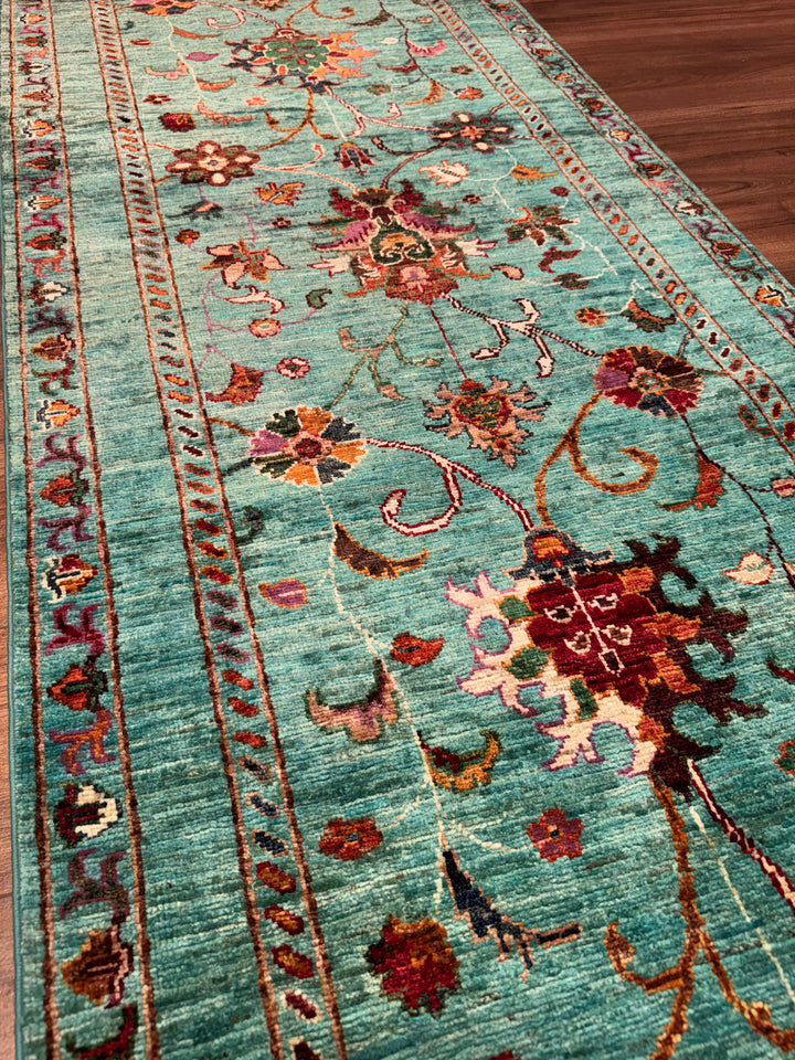 Sultani Binbirgece Yolluk Orijinal El Dokuması Turkuaz Kök Boya Yün Halı 0.82x330 2.71 Metrekare - 3x11 ft