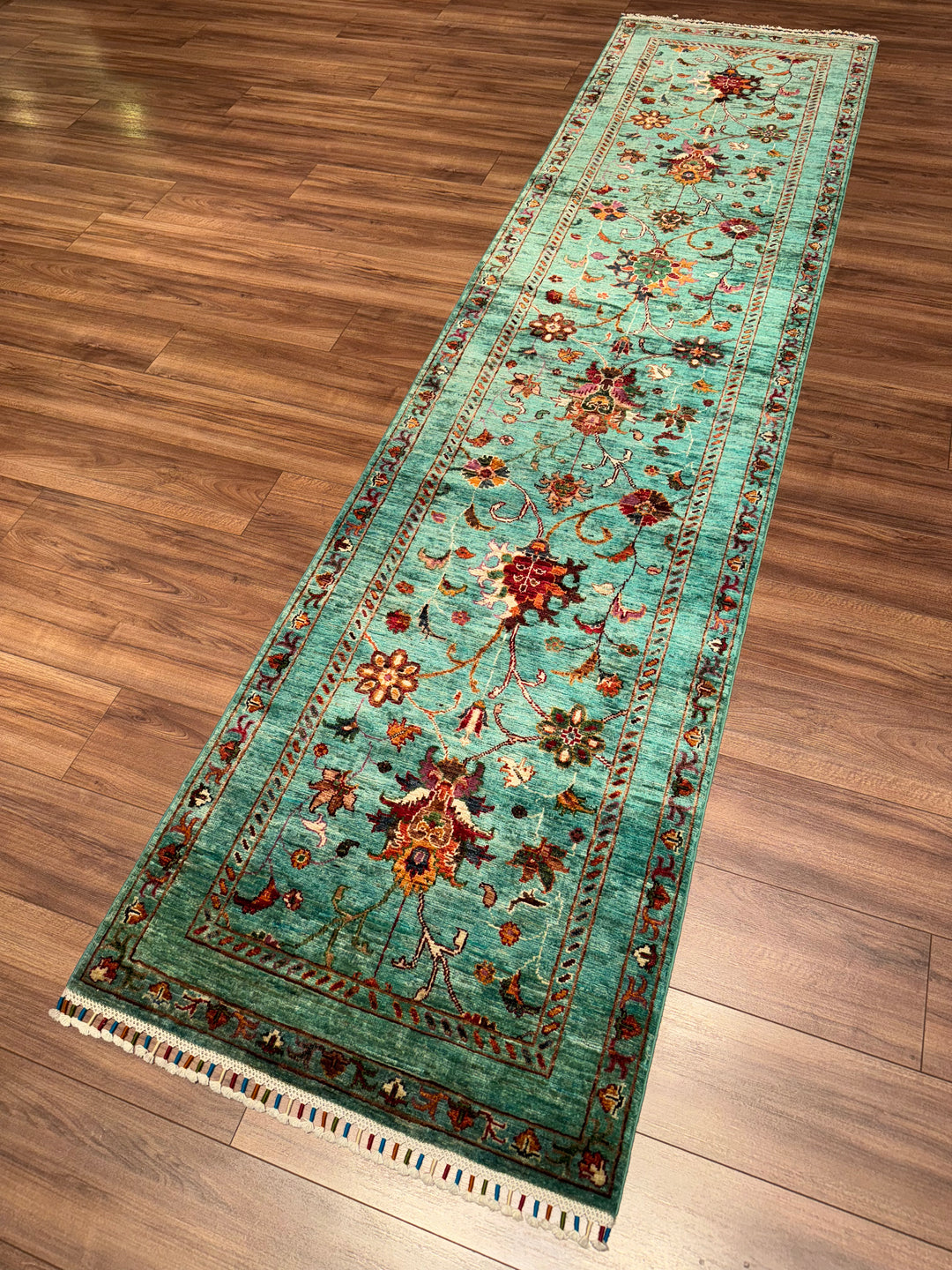 Sultani Binbirgece Yolluk Orijinal El Dokuması Turkuaz Kök Boya Yün Halı 0.82x330 2.71 Metrekare - 3x11 ft