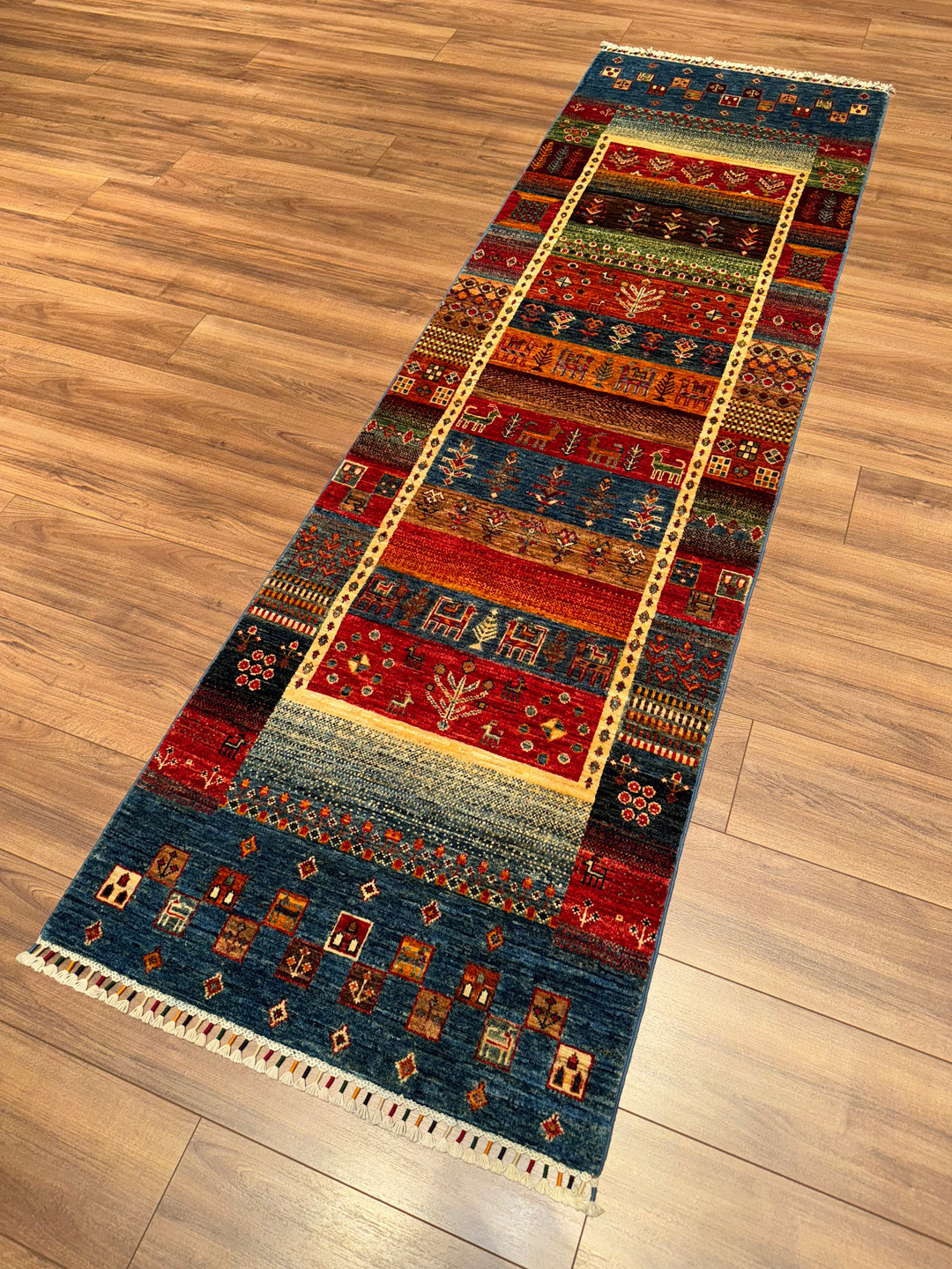 Khorjin Gabbe Desenli Orijinal El Dokuması Yolluk Multi Kök Boya Yün Halı 0.78x256 2 Metrekare - 3x8 ft