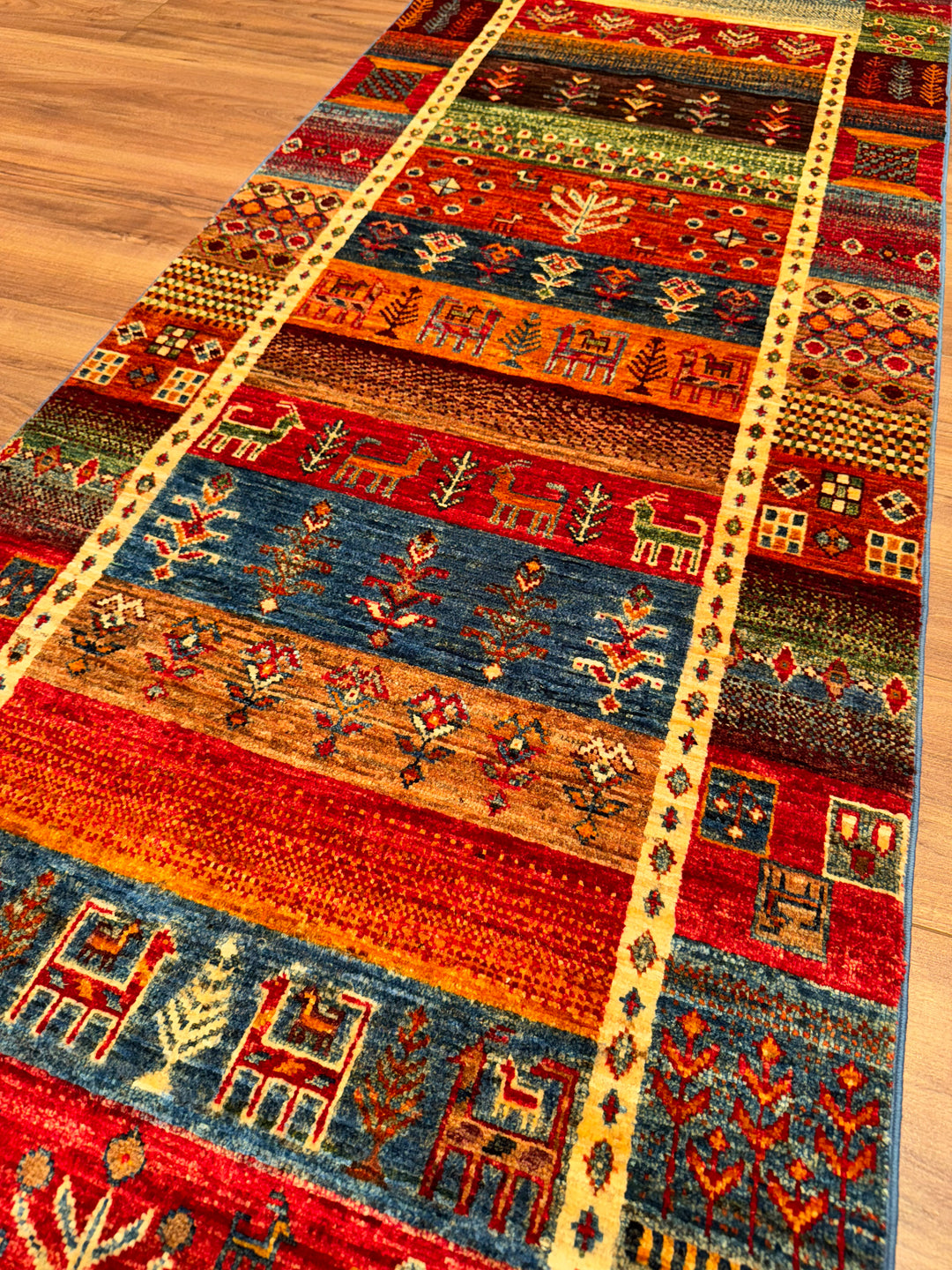 Khorjin Gabbe Desenli Orijinal El Dokuması Yolluk Multi Kök Boya Yün Halı 0.78x256 2 Metrekare - 3x8 ft